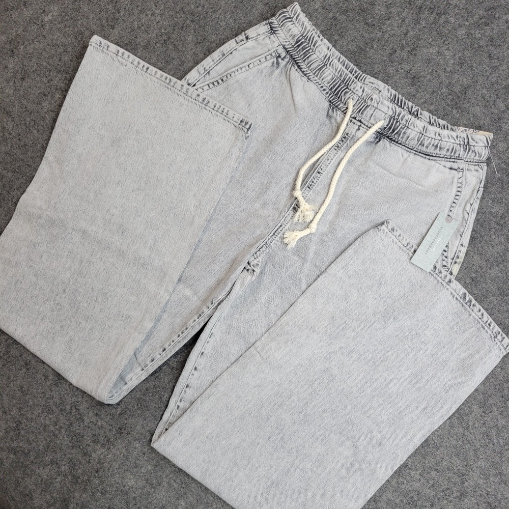 Pilcro Drawstring Pants Womens XSP Gray Denim Ankle Slit Waist Straight Fit Y2K